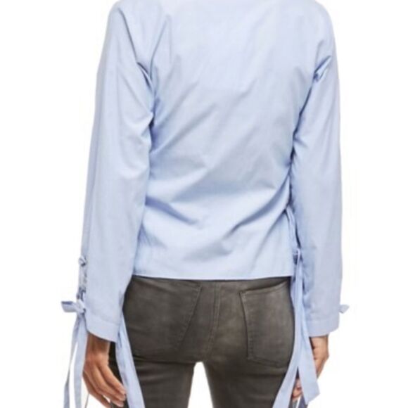 Alpha & omega lt blue button front lace up blouse - Picture 2 of 8
